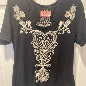 Johnny Was black t shirt with cream embroidery
